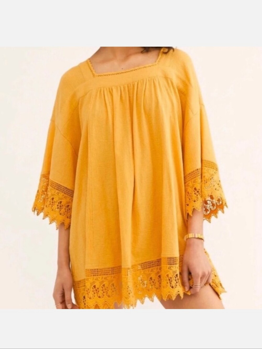 Free People Mustard Gauze Crochet Lace Trim Tunic Top mini dress Boho Large